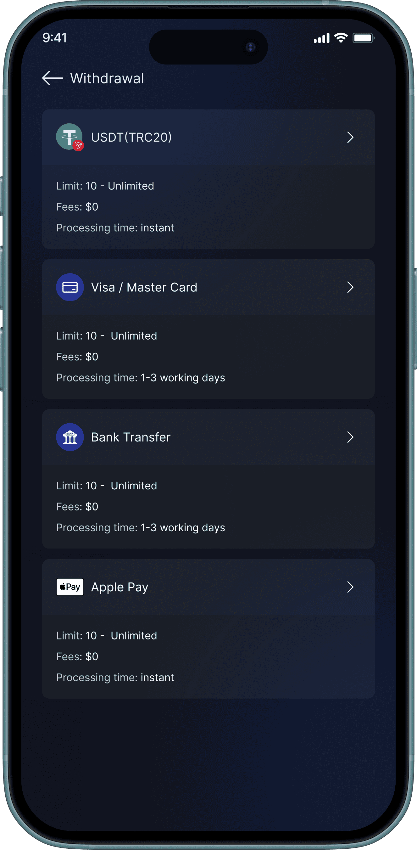 Econnex app showing multiple payment withdrawal methods
